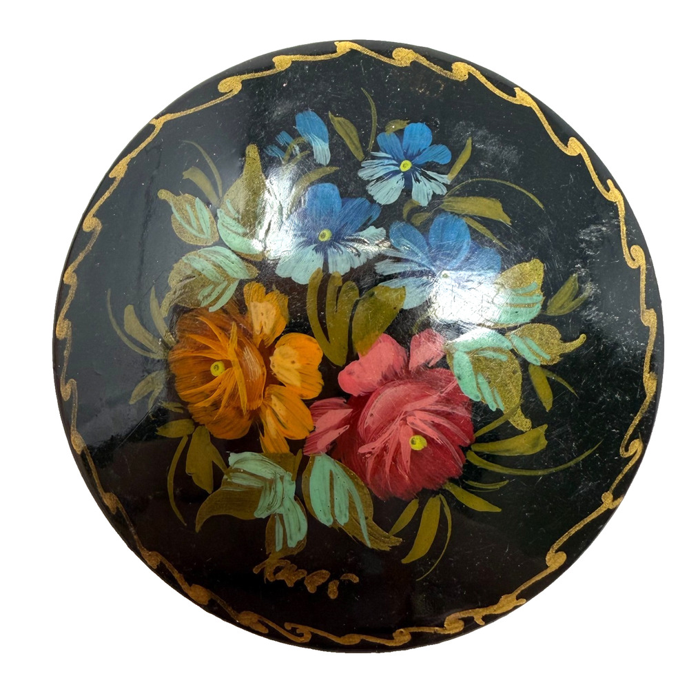 Russian Folk Art Floral Brooch Hand Painted Wood Black Lacquer Round Pin 2”